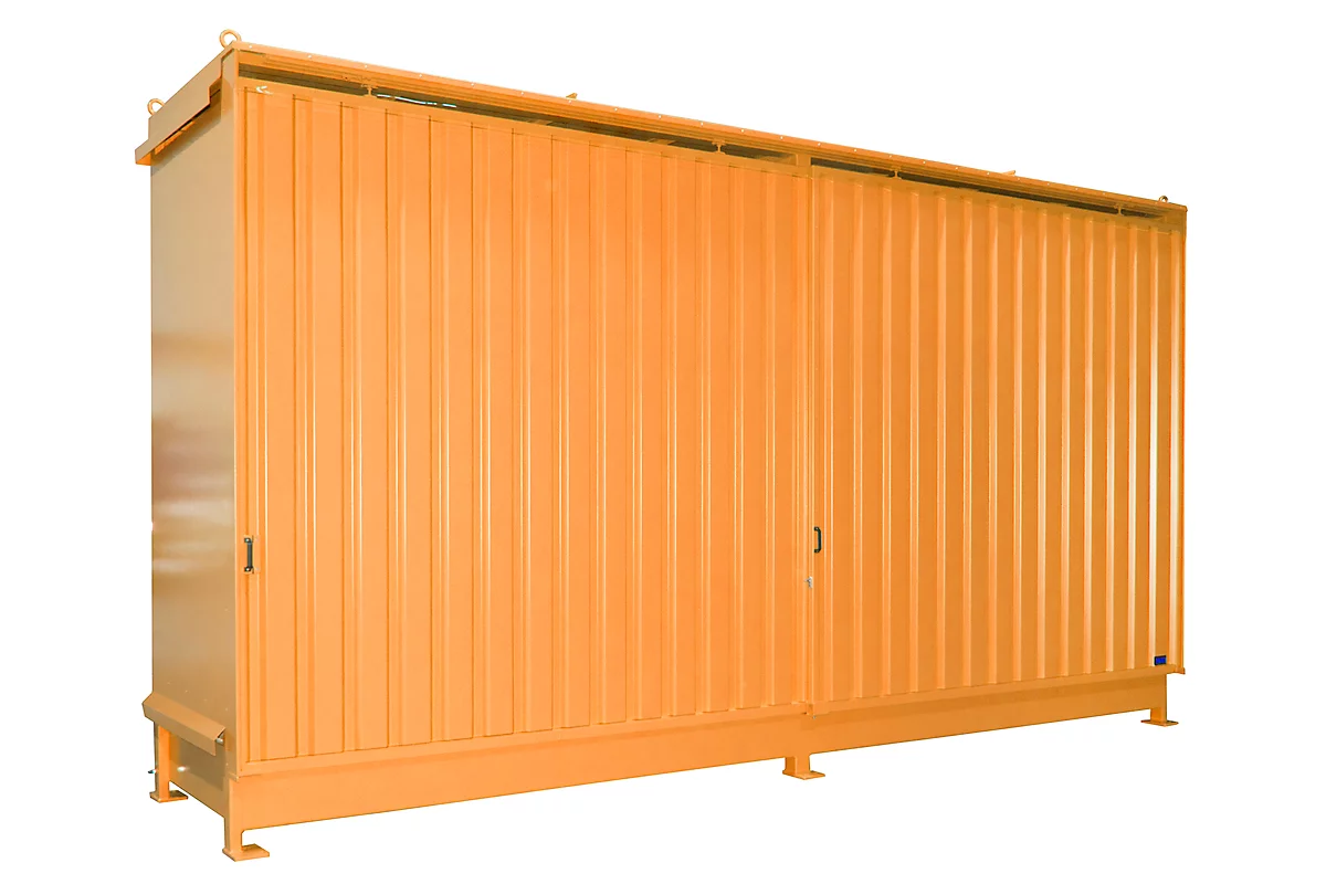 Contenedor de estantes Bauer tipo CEN 59-2 IBC, 2 niveles de estantes, puerta corredera, 2000 l, ancho 6255 x fondo 1550 x alto 3450 mm, amarillo-naranja RAL 2000